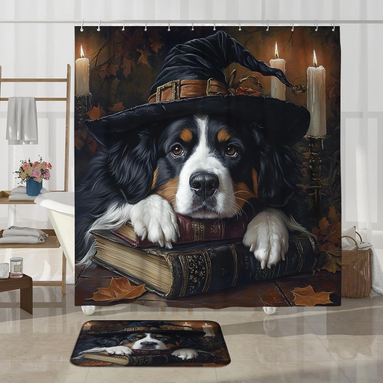 4PCS Halloween Witch Bathroom Set with Non-Slip Rug and U Shape Toilet Lid Cover