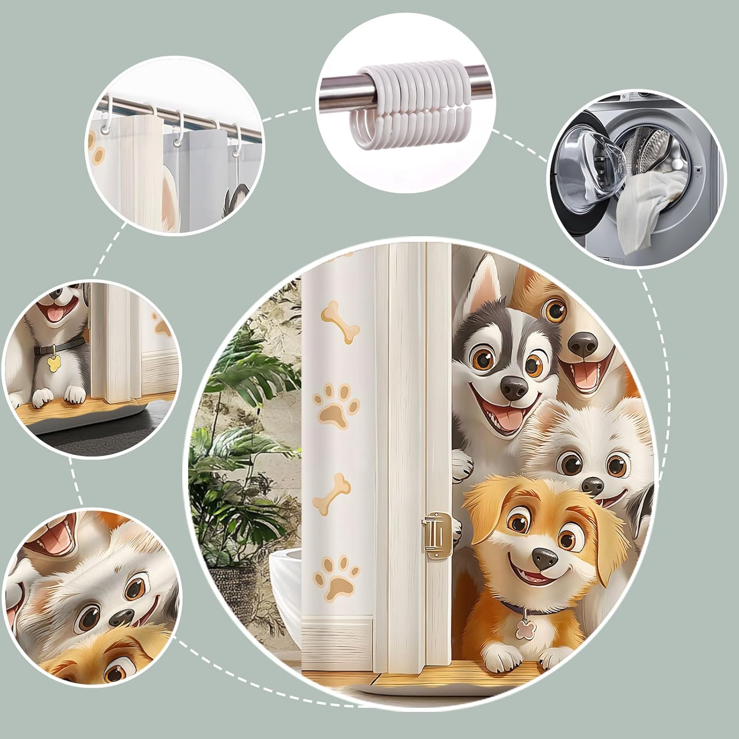 Funny Dogs Shower Curtain Cute Cartoon Animal Paws Print Bone Watercolor Farmhouse Decor