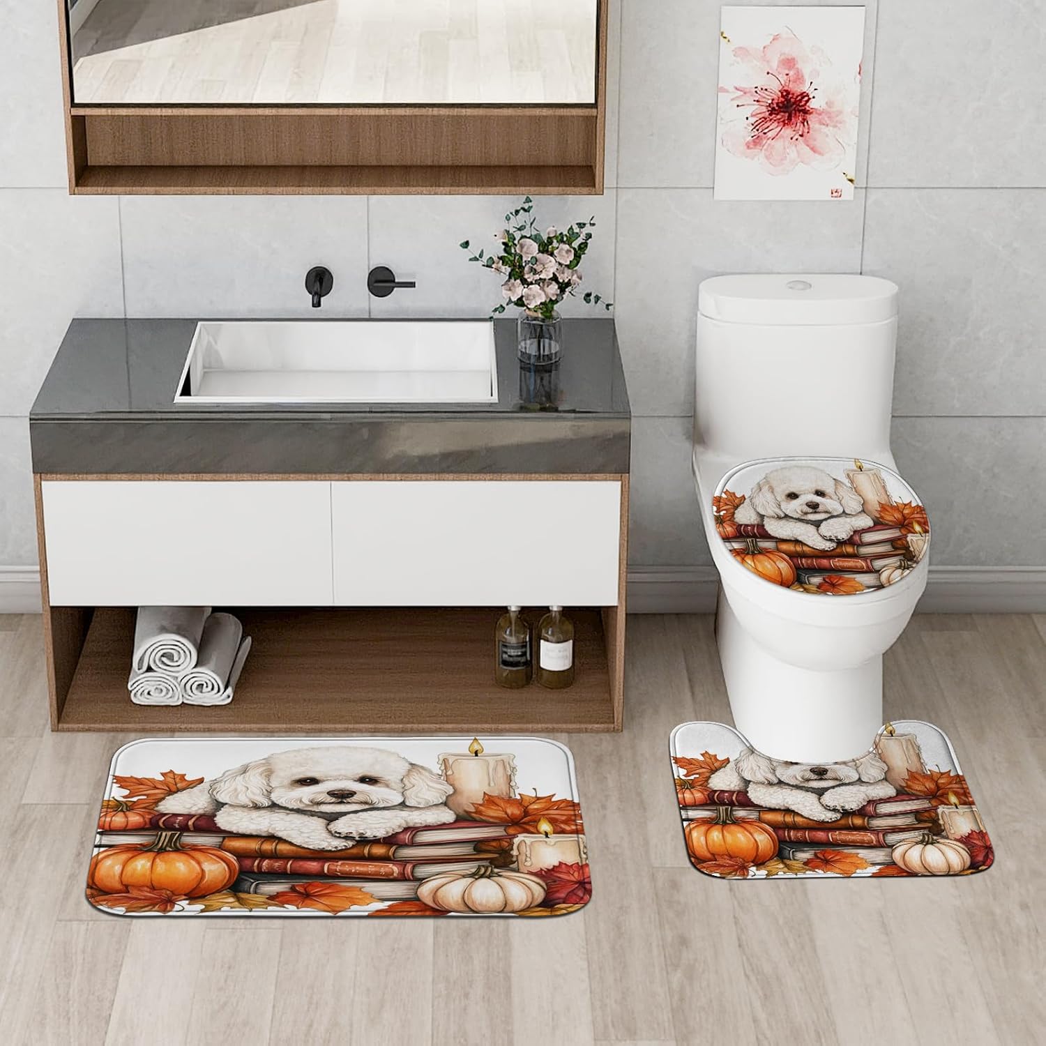 DESIHOM 4PCS Fall Bichon Frise Dog Shower Curtain Set with Non-Slip Rug and Toilet Lid Cover Mat