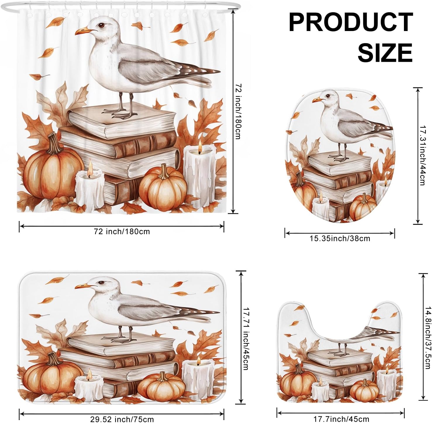 DESIHOM 4PCS Fall Seagull Bird Shower Curtain Set with Non-Slip Rug and Toilet Lid Cover Mat
