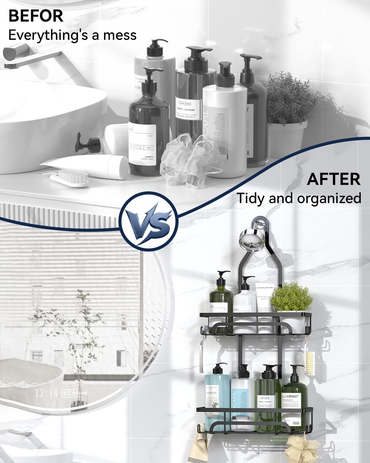 YASONIC Shower Caddy Hanging Organizer with 12 Hooks for Razors and Bath Supplies