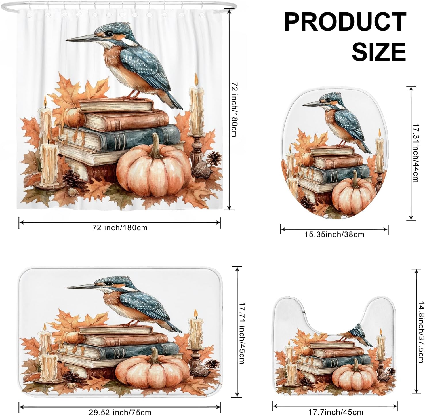 DESIHOM 4PCS Fall Kingfishers Bird Shower Curtain Set with Non-Slip Rug and 12 Hooks