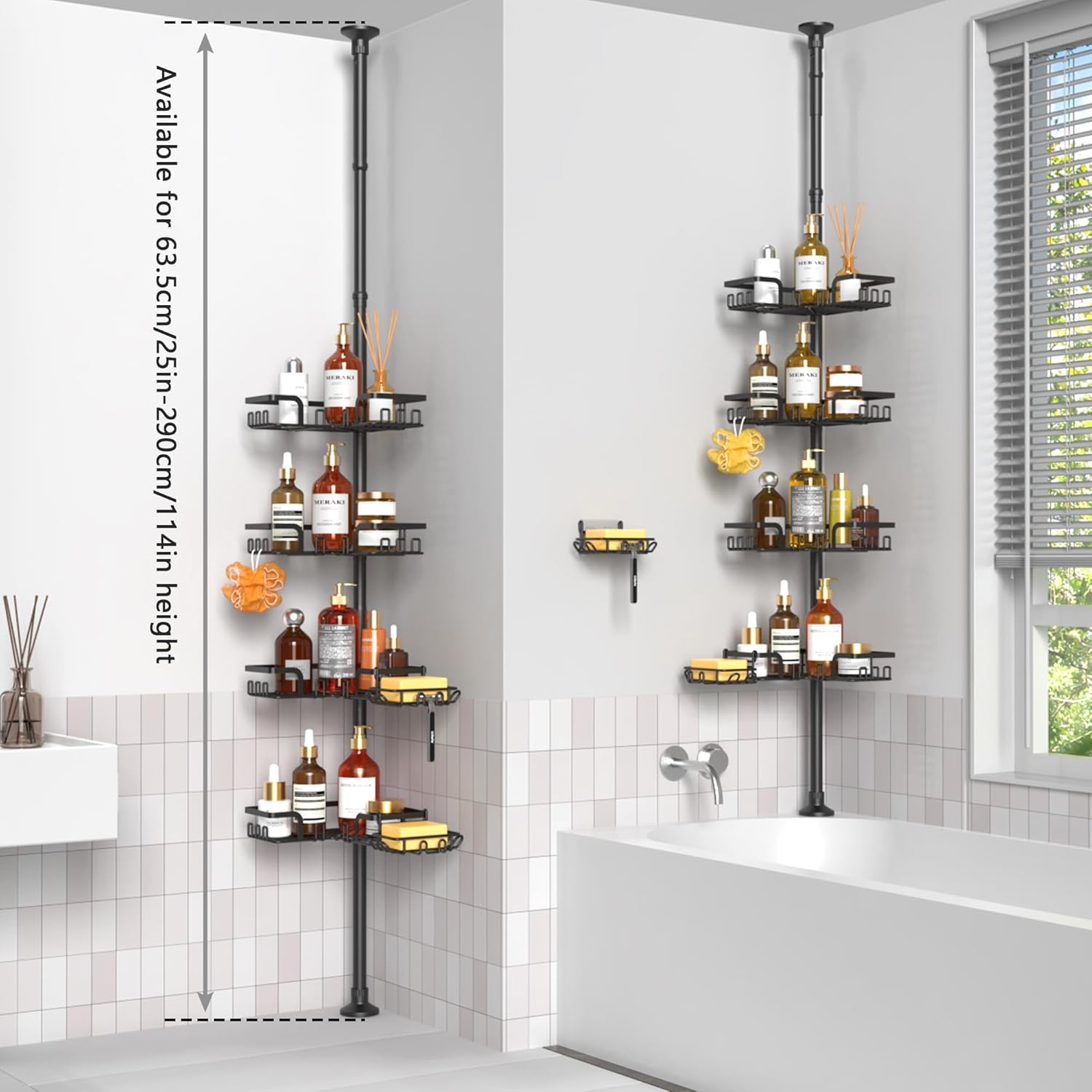 ZUNTO Shower Caddy Corner Tension Pole Organizer Adjustable 25in-114in 4 Tier Storage with 2 Soap Holders Black