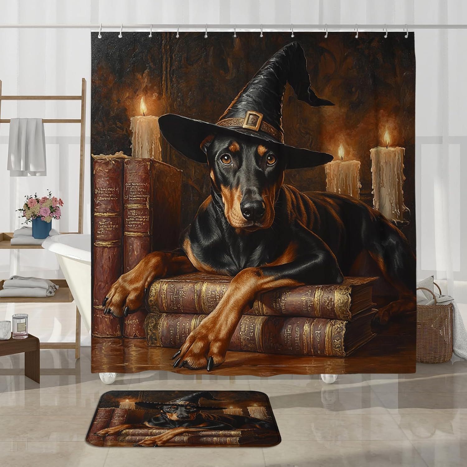 4PCS Halloween Witch Dog Bathroom Set with Non-Slip Rug and Magic Book Candle Decor