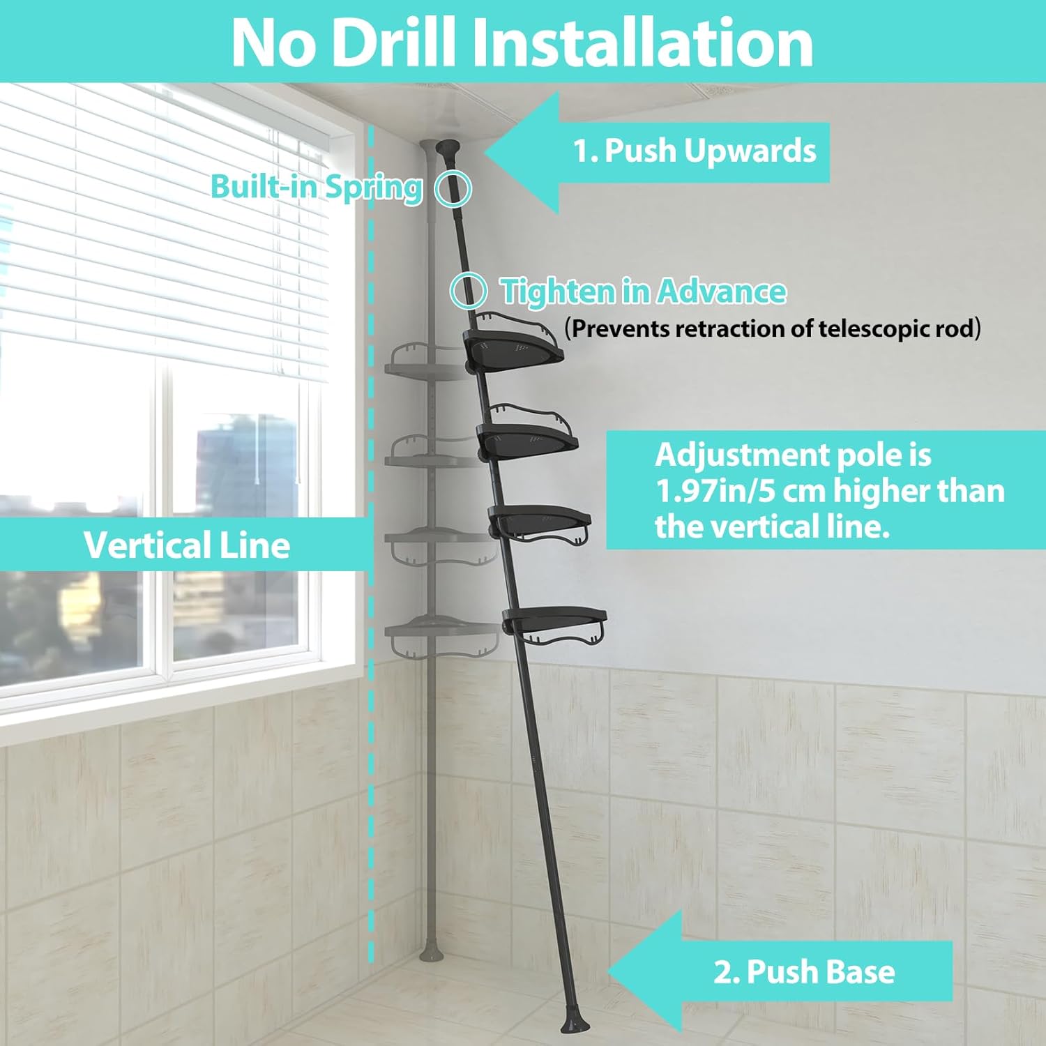 Adjustable Corner Shower Caddy with 4 Layers and Rustproof Metal Tension Pole Black