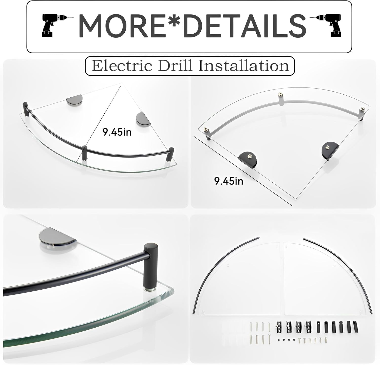 Paradmas Glass Shower Corner Shelves 2 Pack - Black Tempered Glass with Stainless Steel Rails