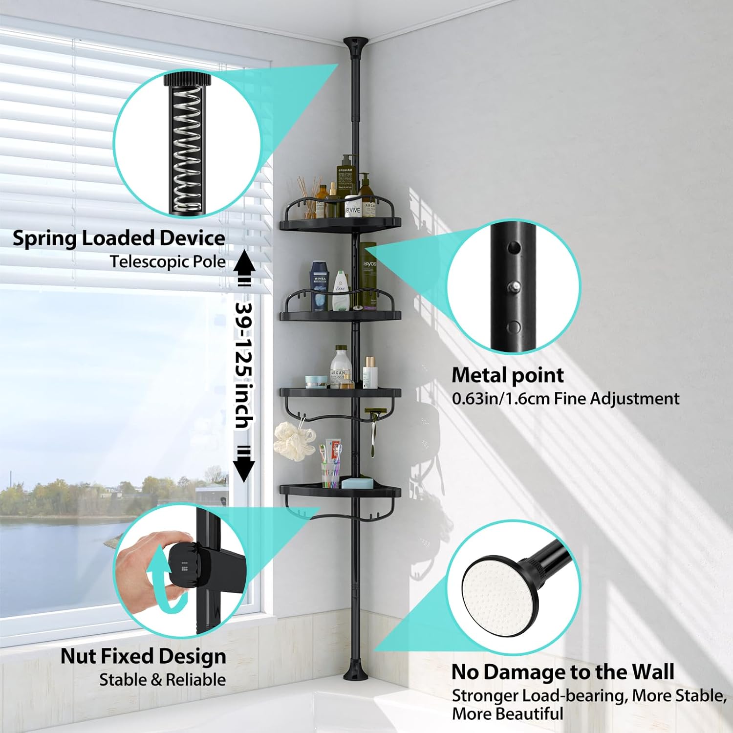 Adjustable Corner Shower Caddy with 4 Layers and Rustproof Metal Tension Pole Black