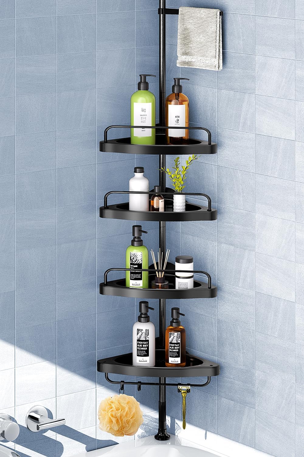 HAMITOR Corner Shower Caddy Tension Pole with 4 Tier Shelves Black