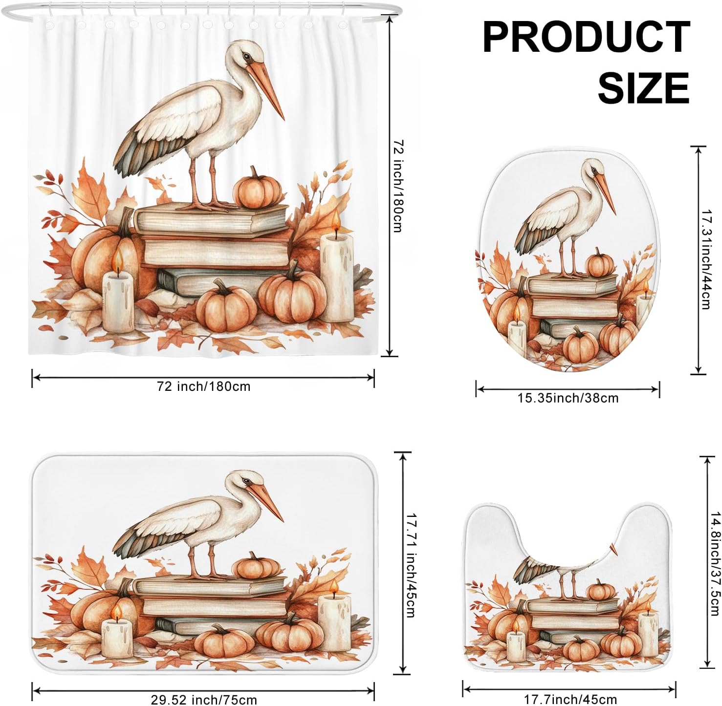 DESIHOM 4PCS Fall Stork Bird Shower Curtain Set with Non-Slip Rug and Toilet Lid Cover Mat