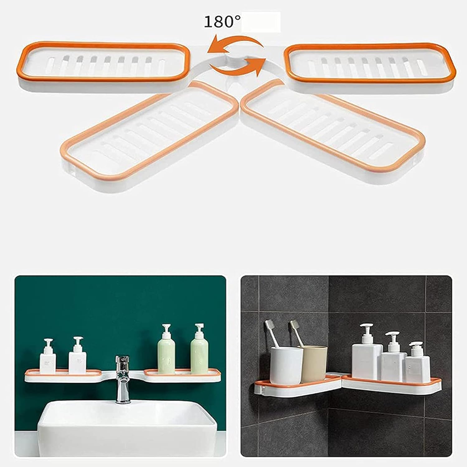 Bathroom Corner Storage Rack with Suction Cup 180 Degree Rotatable Punch-Free Installation