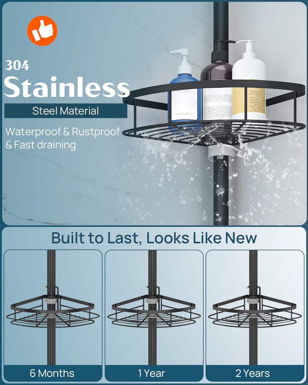 SEIRIONE Corner Shower Caddy Tension Pole 4-Tier Adjustable Rustproof Black