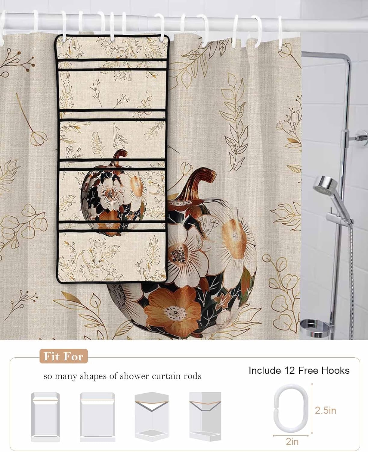ZFUNCING Vintage Floral Pumpkin Shower Curtain Set with Hooks and Hanging Organizer