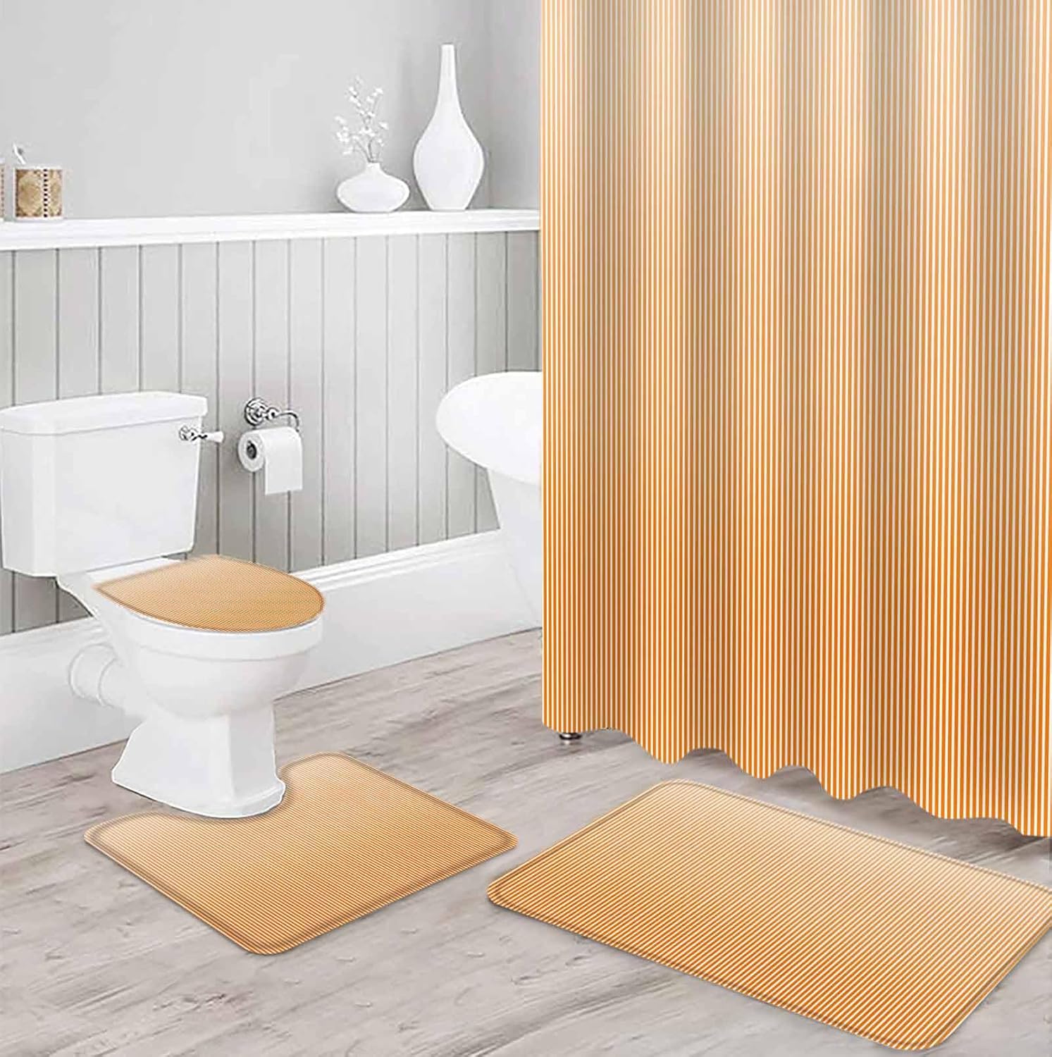 Gradient Orange Stripes 4 Pcs Shower Curtain Set with Non-Slip Mats and Rugs