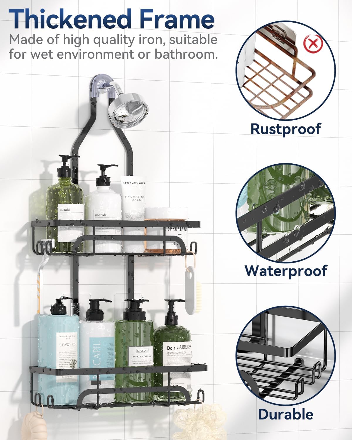 YASONIC Shower Caddy Hanging Organizer with 12 Hooks for Razors and Bath Supplies