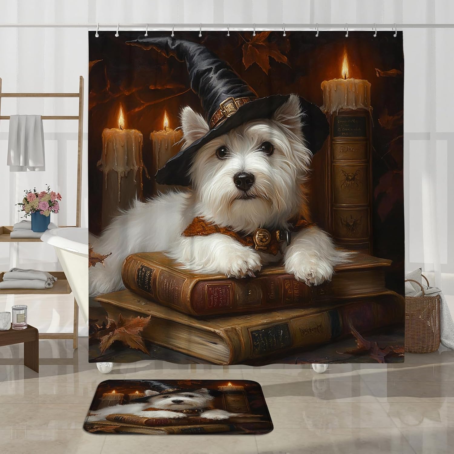 4PCS Halloween Witch Dog Bathroom Set with Non-Slip Rug and U Shape Toilet Lid Cover Mat