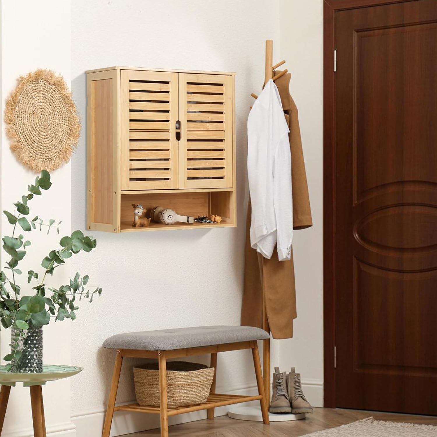 HYNAWIN 2-Tier Bamboo Medicine Cabinet with Adjustable Shelves for Bathroom Kitchen and Living Room