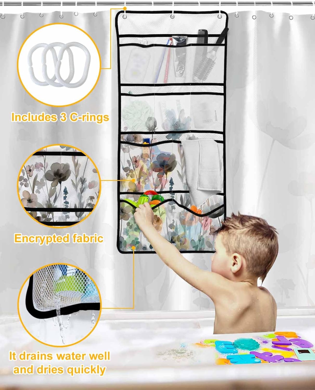 Watercolor Botanical Flower Shower Curtain with 10 Pocket Organizer and Hooks