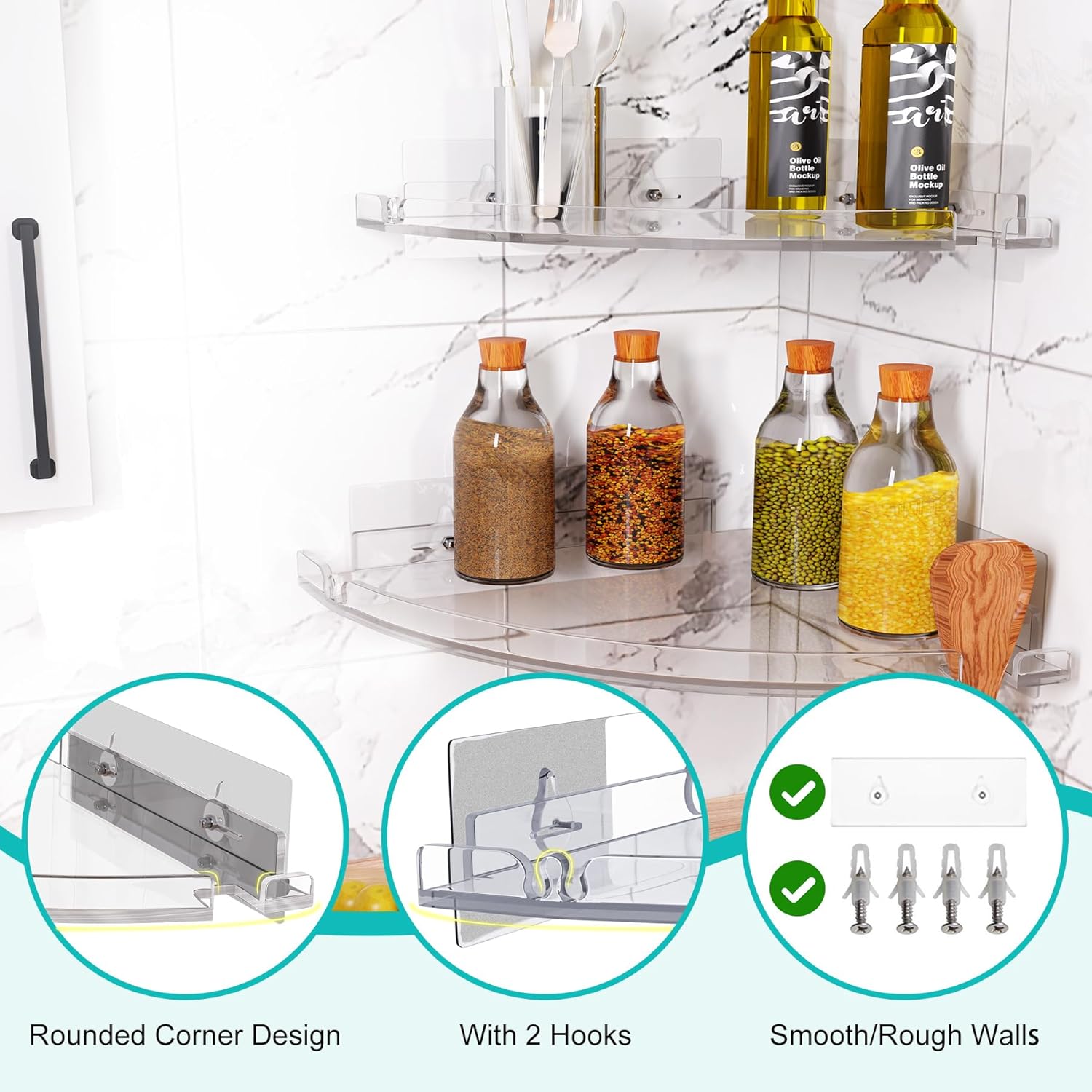 2-Pack Acrylic Corner Shower Caddy Set Clear RustProof No Drilling Wall Mount Organizer