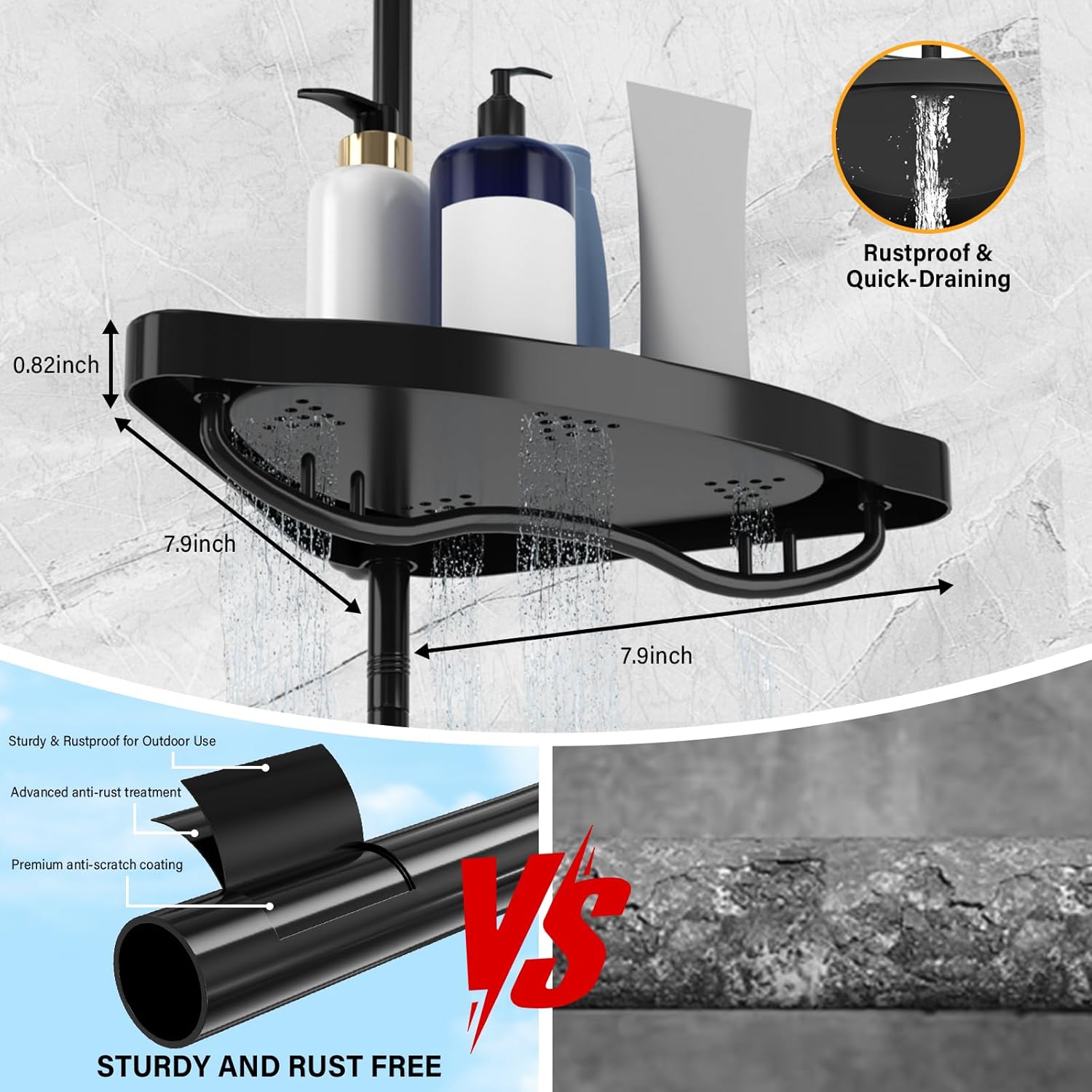 Black Corner Shower Caddy Tension Pole - Heavy Duty Rustproof Stainless Steel Organizer with 4 Adjustable Shelves