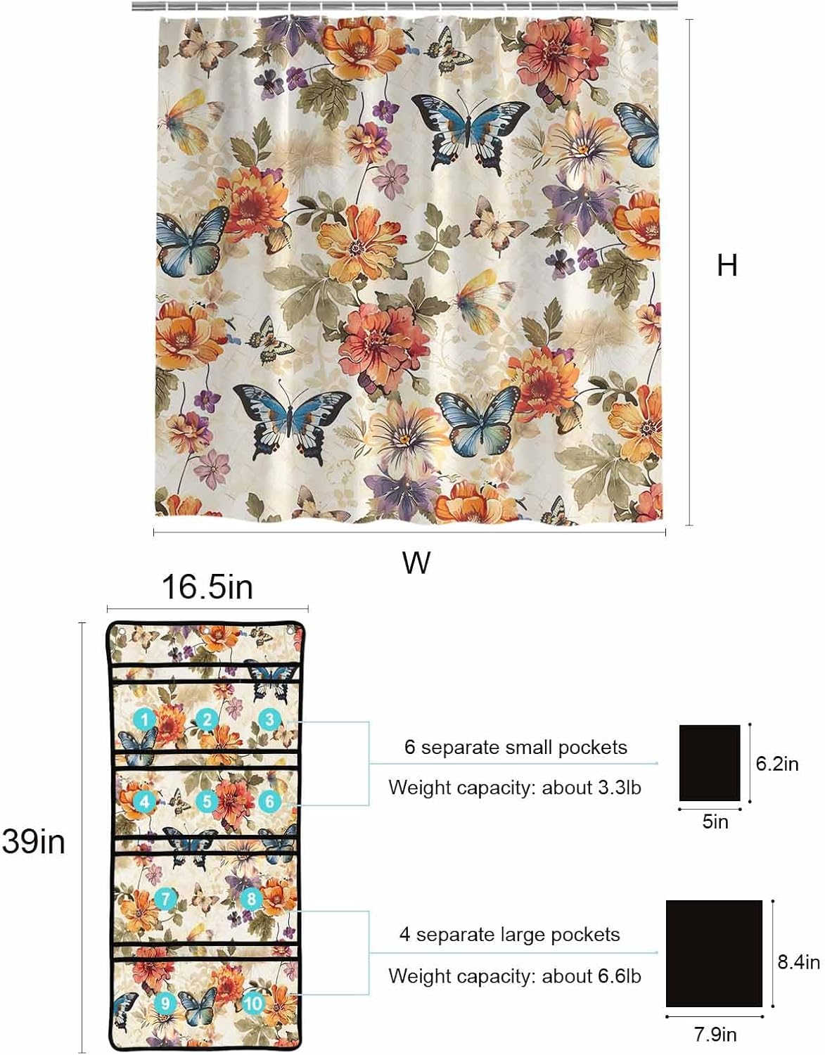Colorful Floral Leaf Shower Curtain Set with 10 Pockets