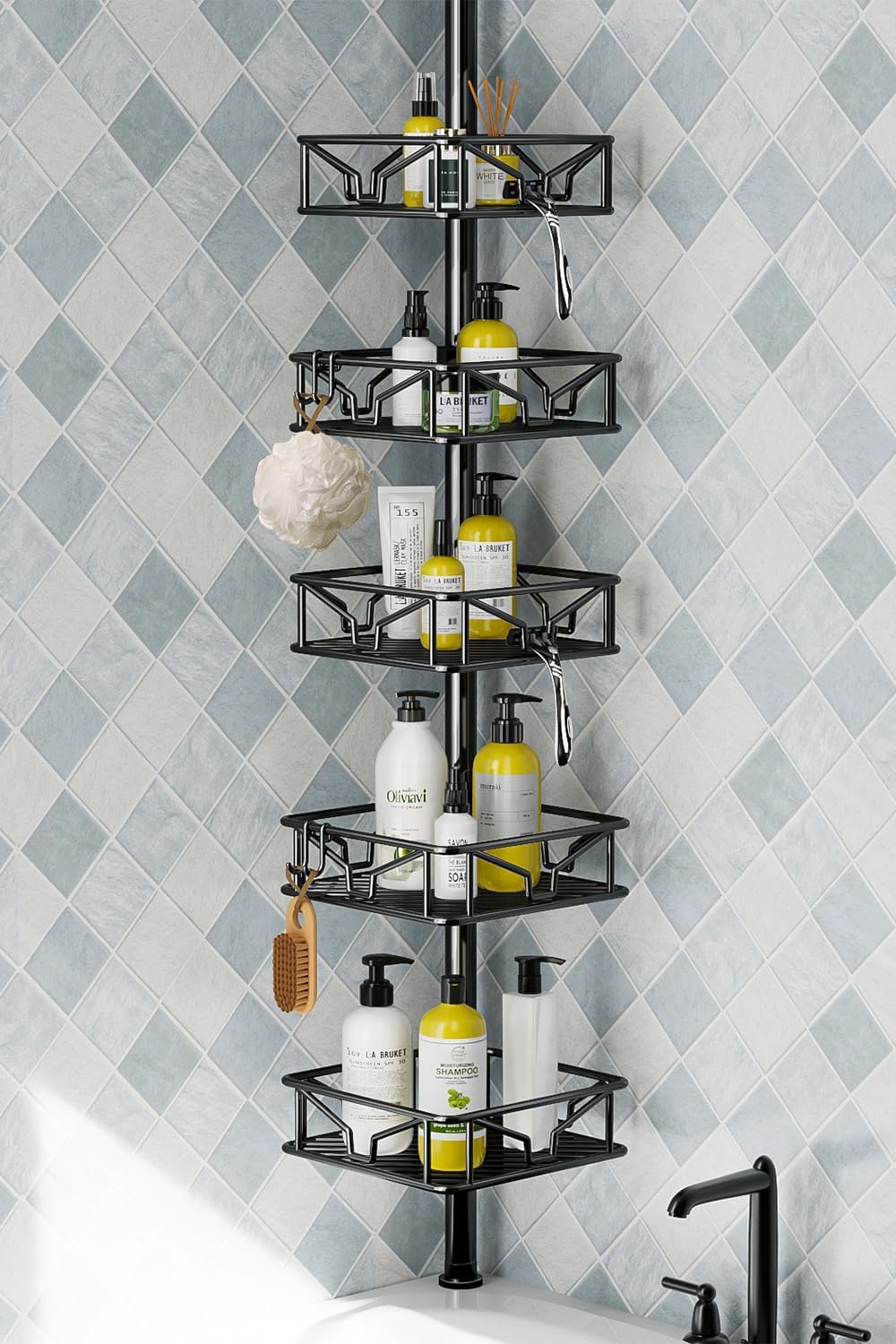 Skycarper 5 Tier Adjustable Corner Shower Caddy Organizer with Hooks Black
