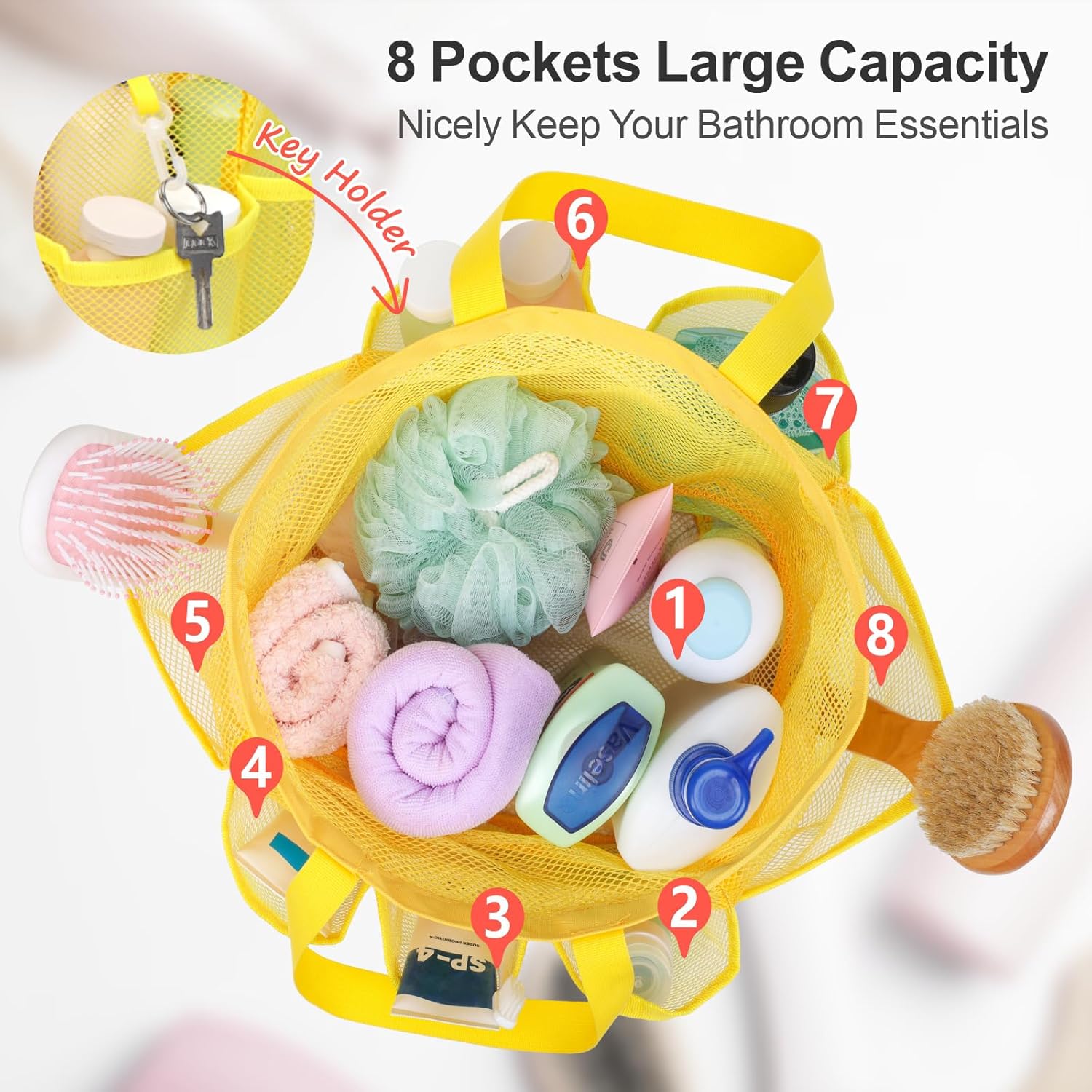 F-color Mesh Shower Caddy with Drawstring and 7 Pockets