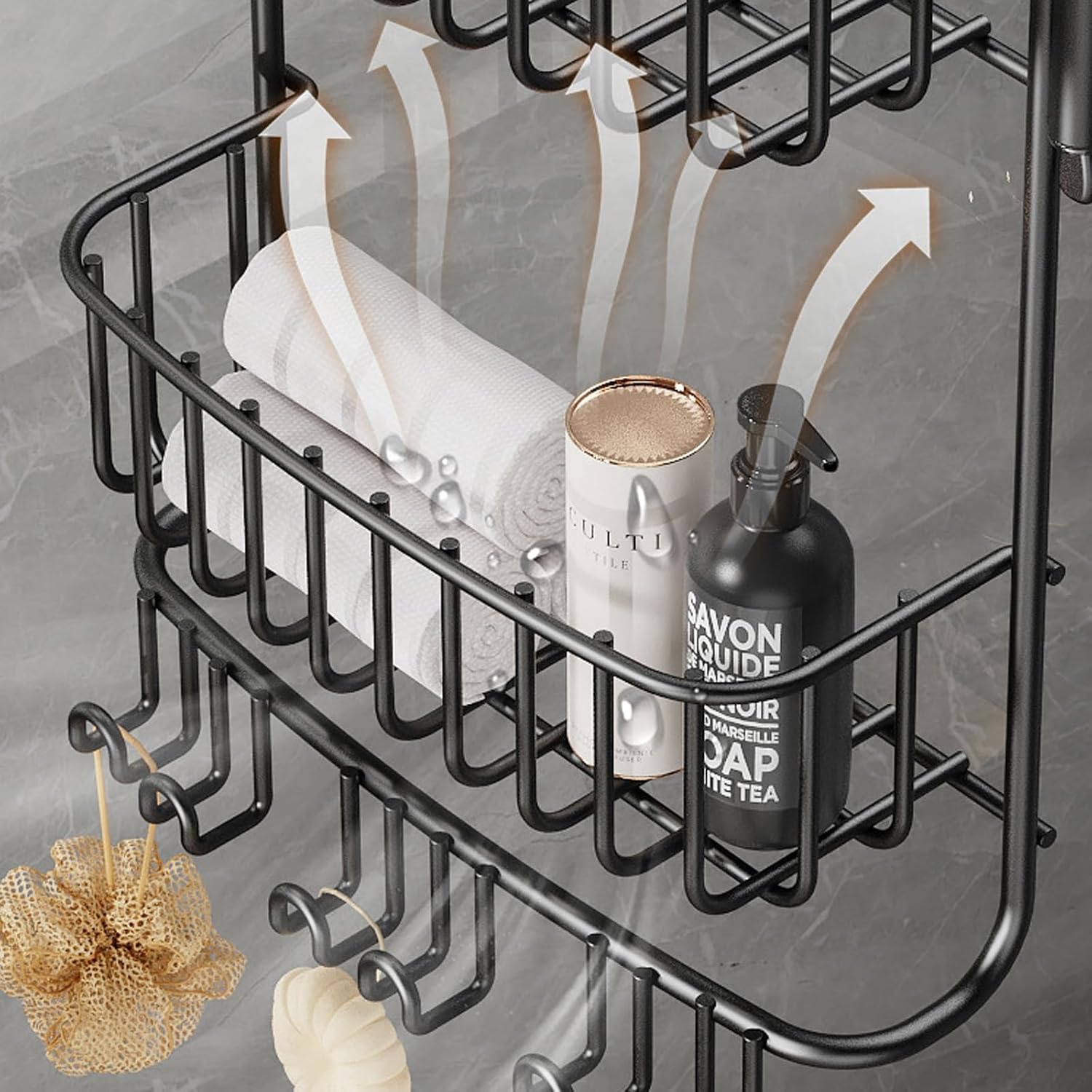 2-Tier Over Door Shower Caddy with 6 Hooks Rustproof Metal Storage for Toiletries No Drill Mount Black