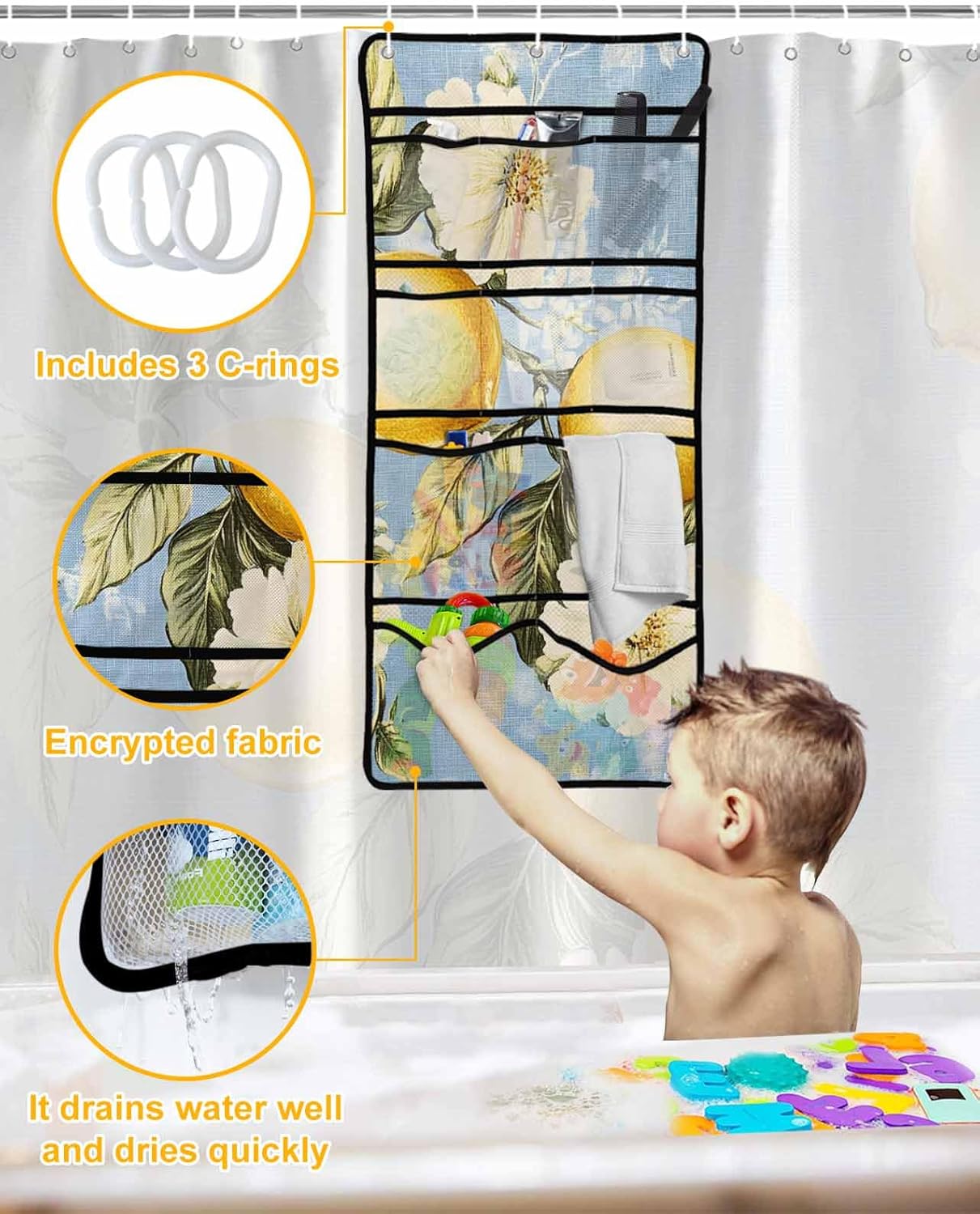 Watercolor Lemon Flower Leaf Shower Curtain Set with 10 Pockets