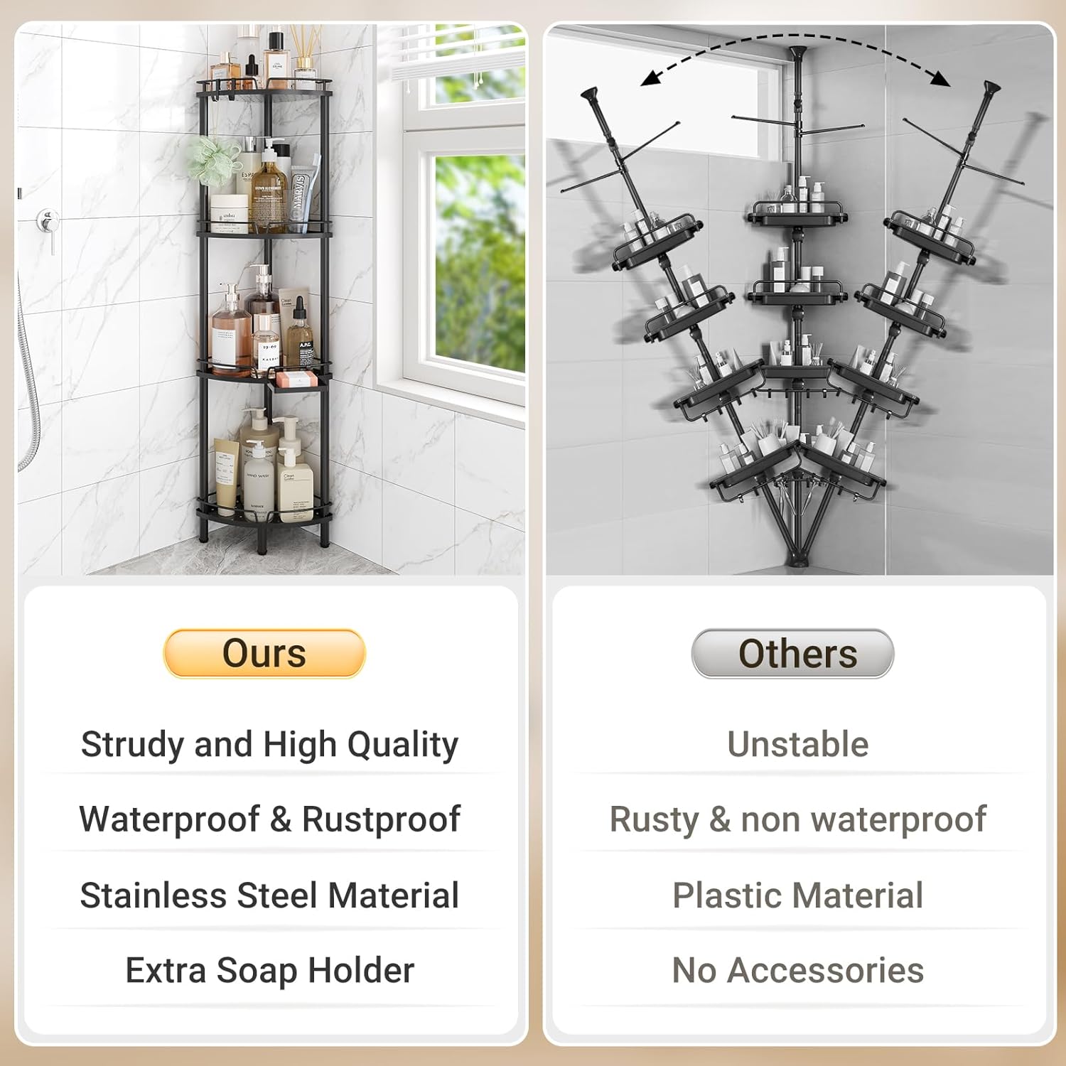 ELYKEN 4 Tier Corner Shower Caddy with Hooks and Soap Holder Black