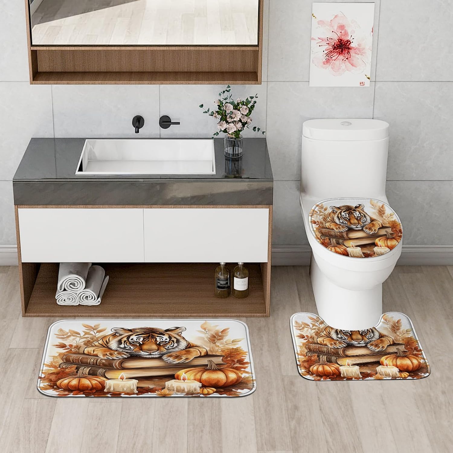 4PCS Fall Tigers Pumpkins Shower Curtain Set with Non-Slip Rug and Toilet Lid Cover Mat
