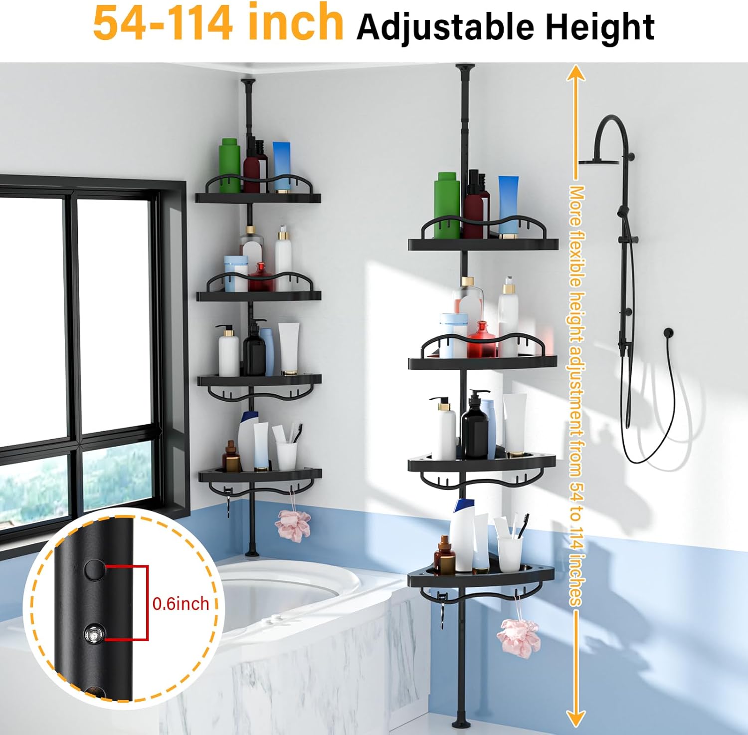 Black Corner Shower Caddy Tension Pole - Heavy Duty Rustproof Stainless Steel Organizer with 4 Adjustable Shelves