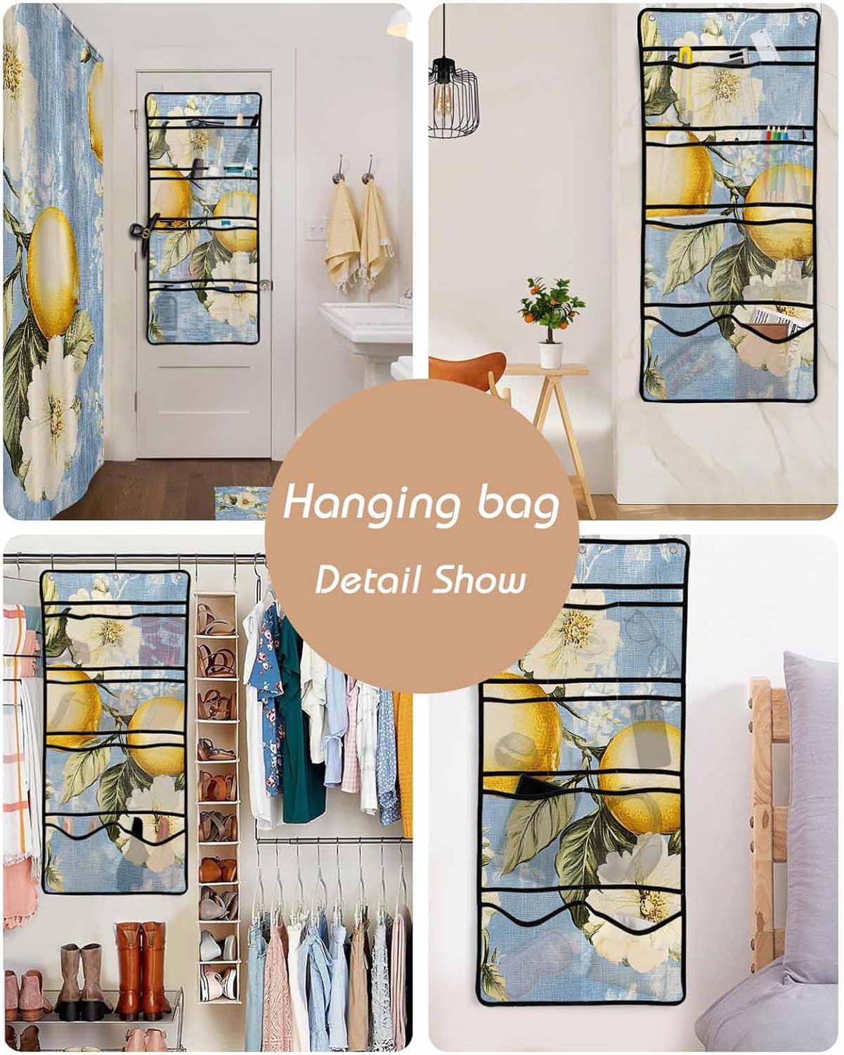 Watercolor Lemon Flower Leaf Shower Curtain Set with 10 Pockets