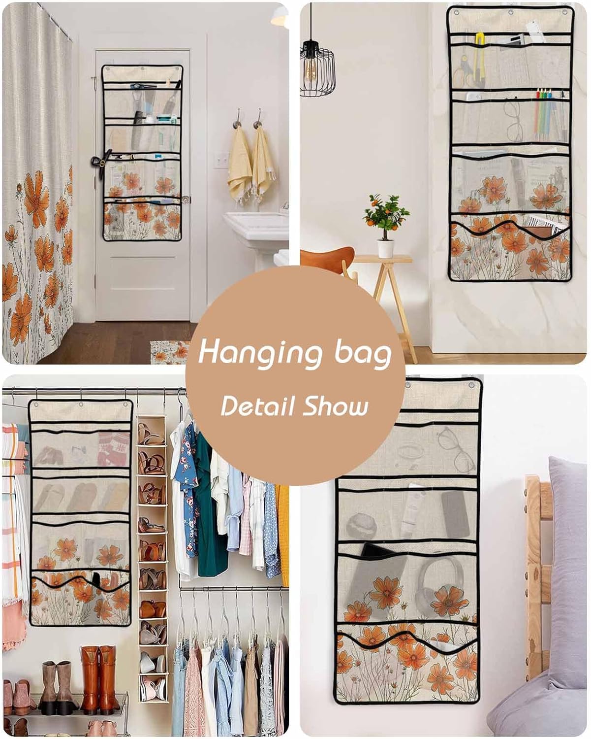 Watercolor Garden Orange Floral Shower Curtain Set with Hooks