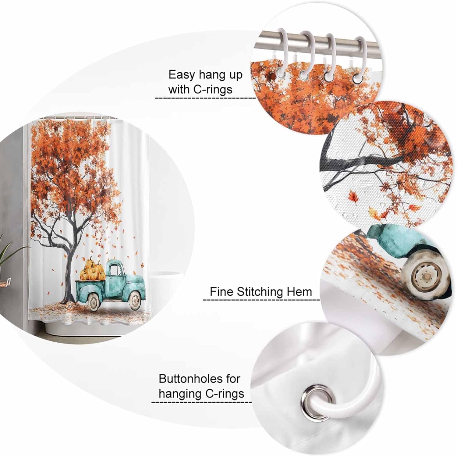 Fall Truck 4 Pcs Waterproof Shower Curtain Set with Non-Slip Rugs and Mats