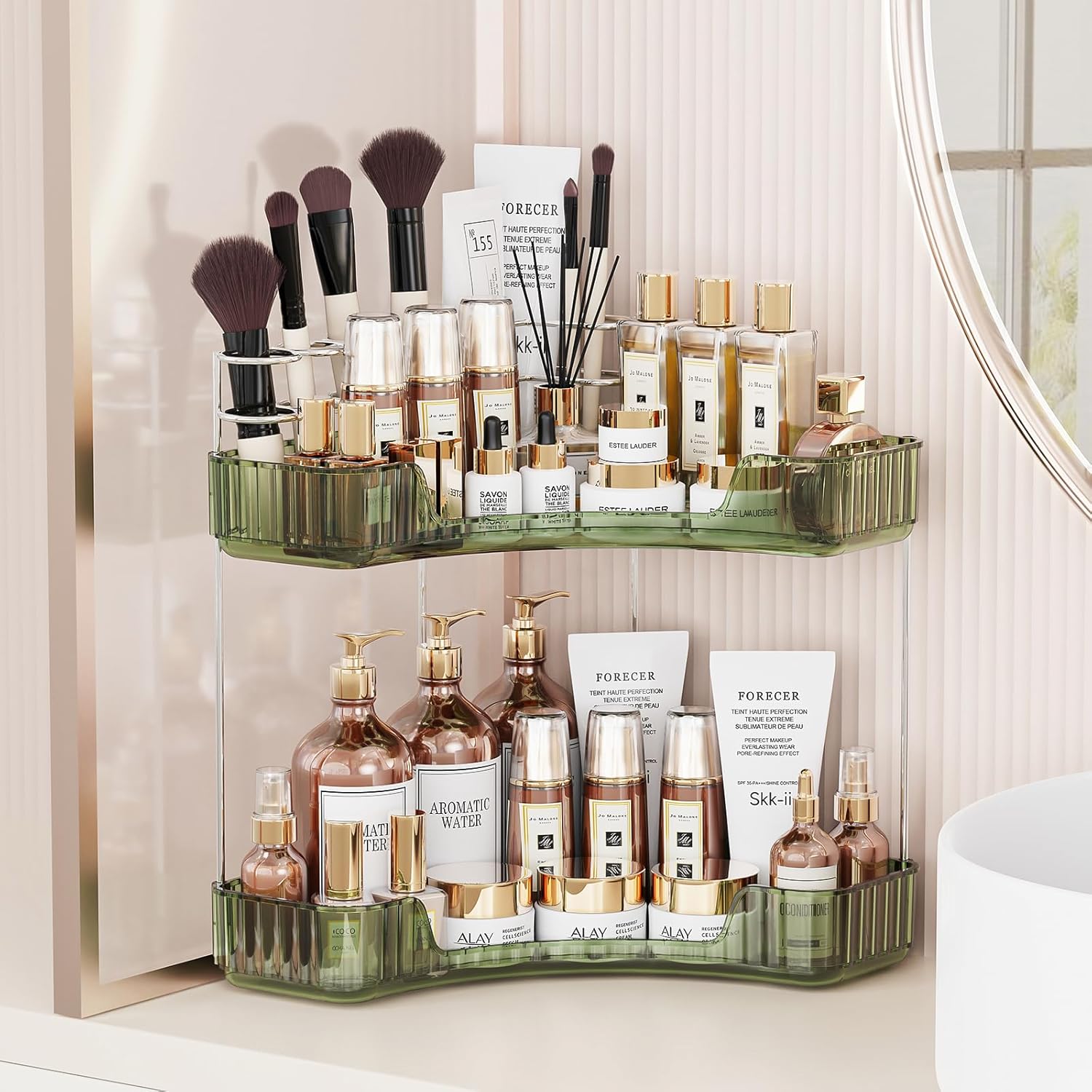 2-Tier Corner Bathroom Organizer with Brush Holder and Toothbrush Racks