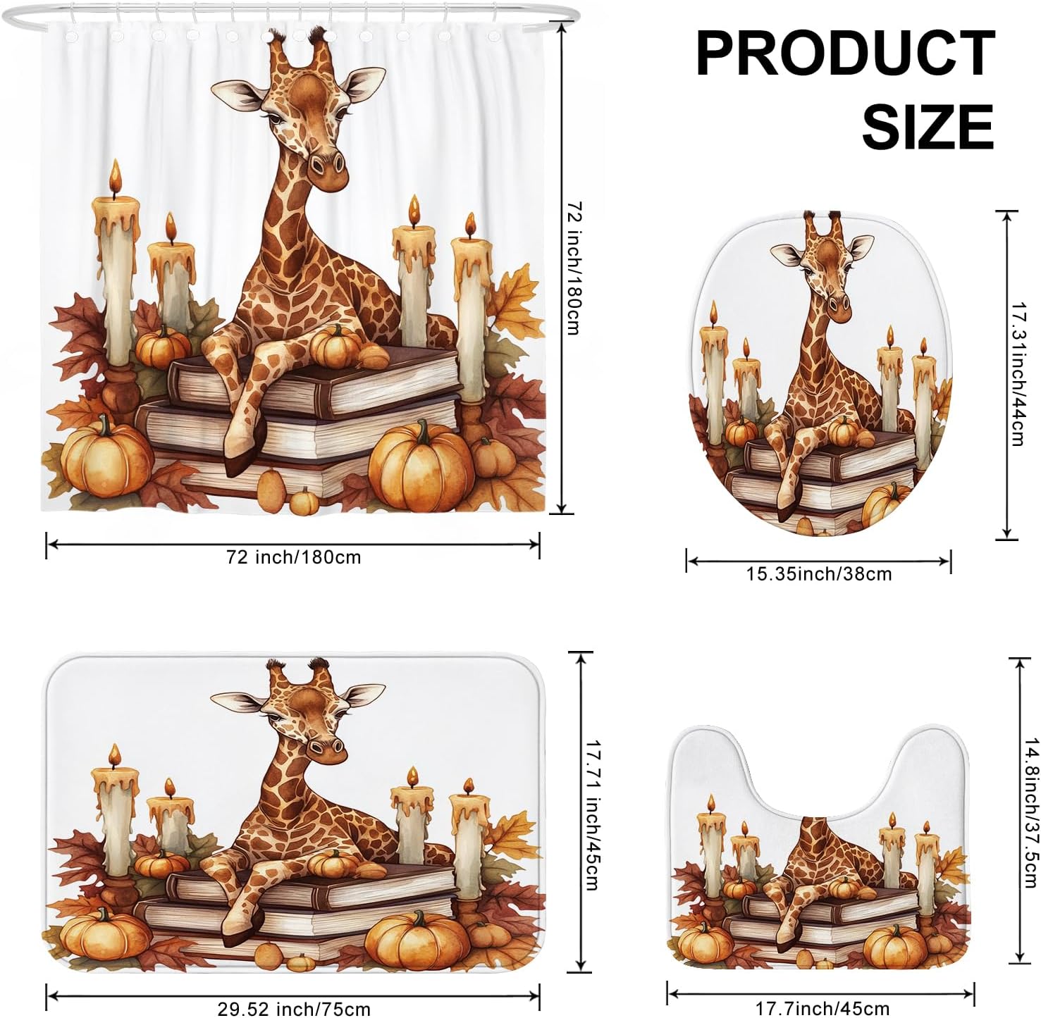 4PCS Fall Giraffe Pumpkins Shower Curtain Set with Non-Slip Rug and Toilet Lid Cover Mat