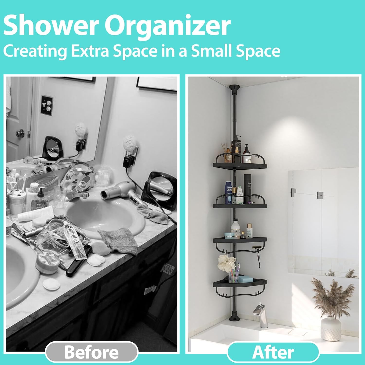 Adjustable Corner Shower Caddy with 4 Layers and Rustproof Metal Tension Pole Black