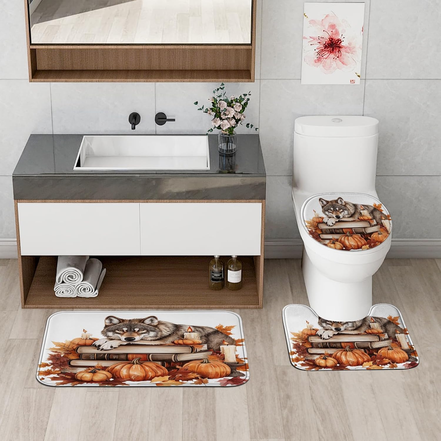 4PCS Fall Wolf Pumpkins Shower Curtain Set with Non-Slip Rug and Toilet Lid Cover Mat