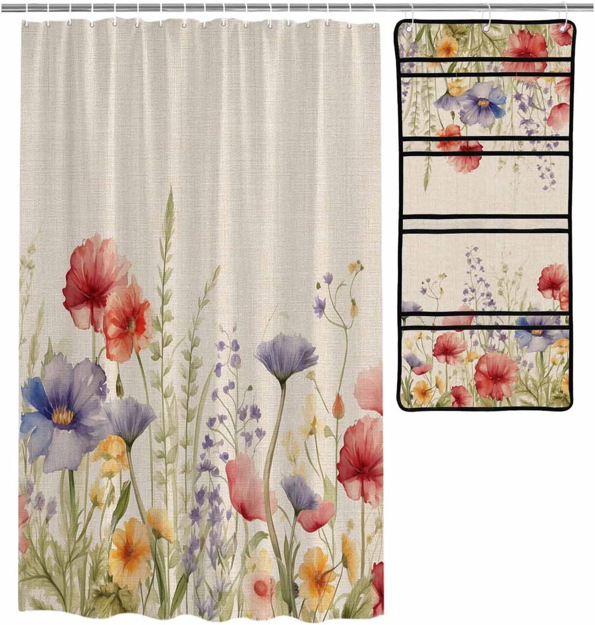 Vintage Floral Leaf Shower Curtain and Mesh Organizer Set