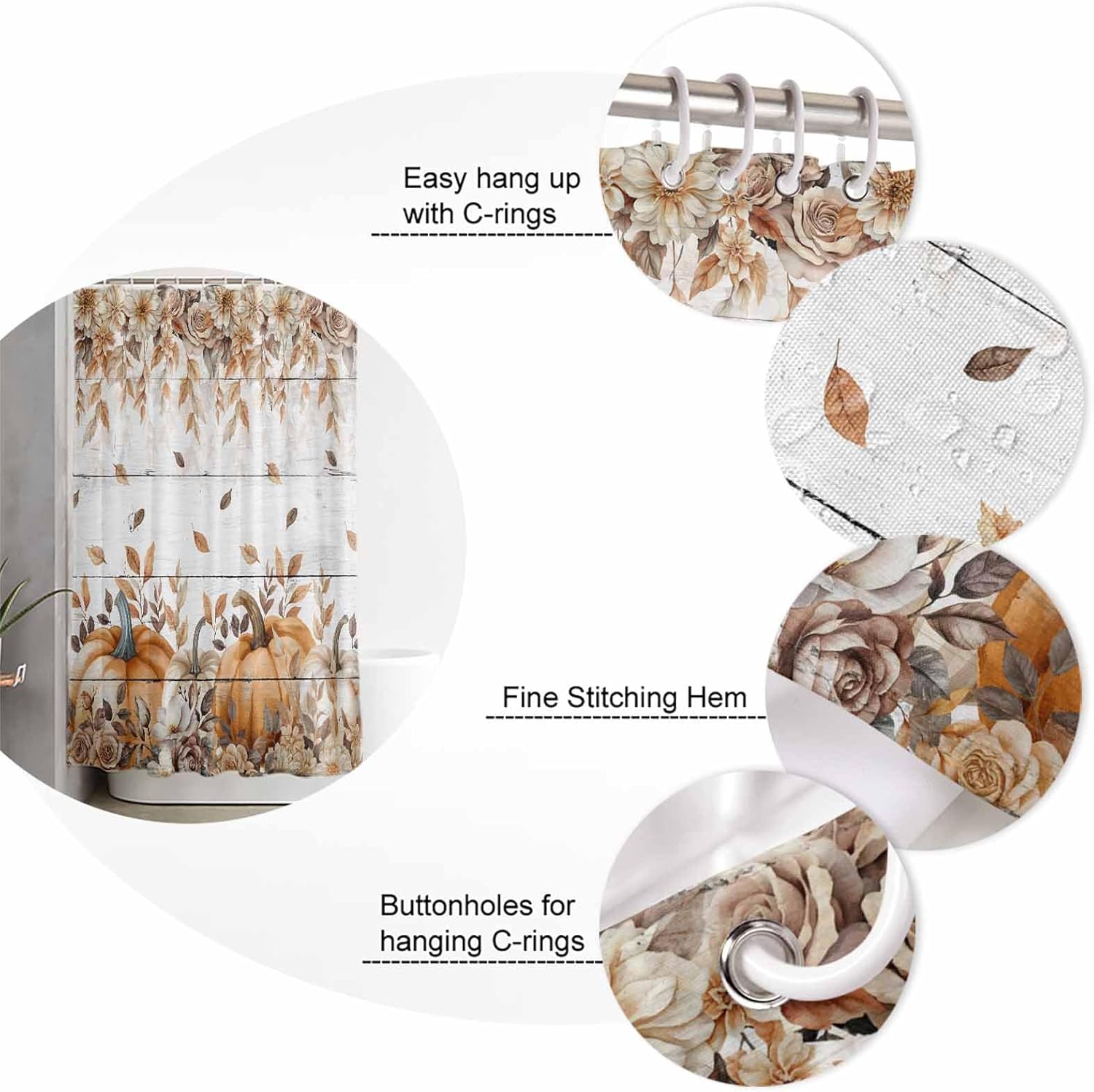 Fall Pumpkin 4 Pcs Waterproof Shower Curtain Set with Non-Slip Rugs and Mats