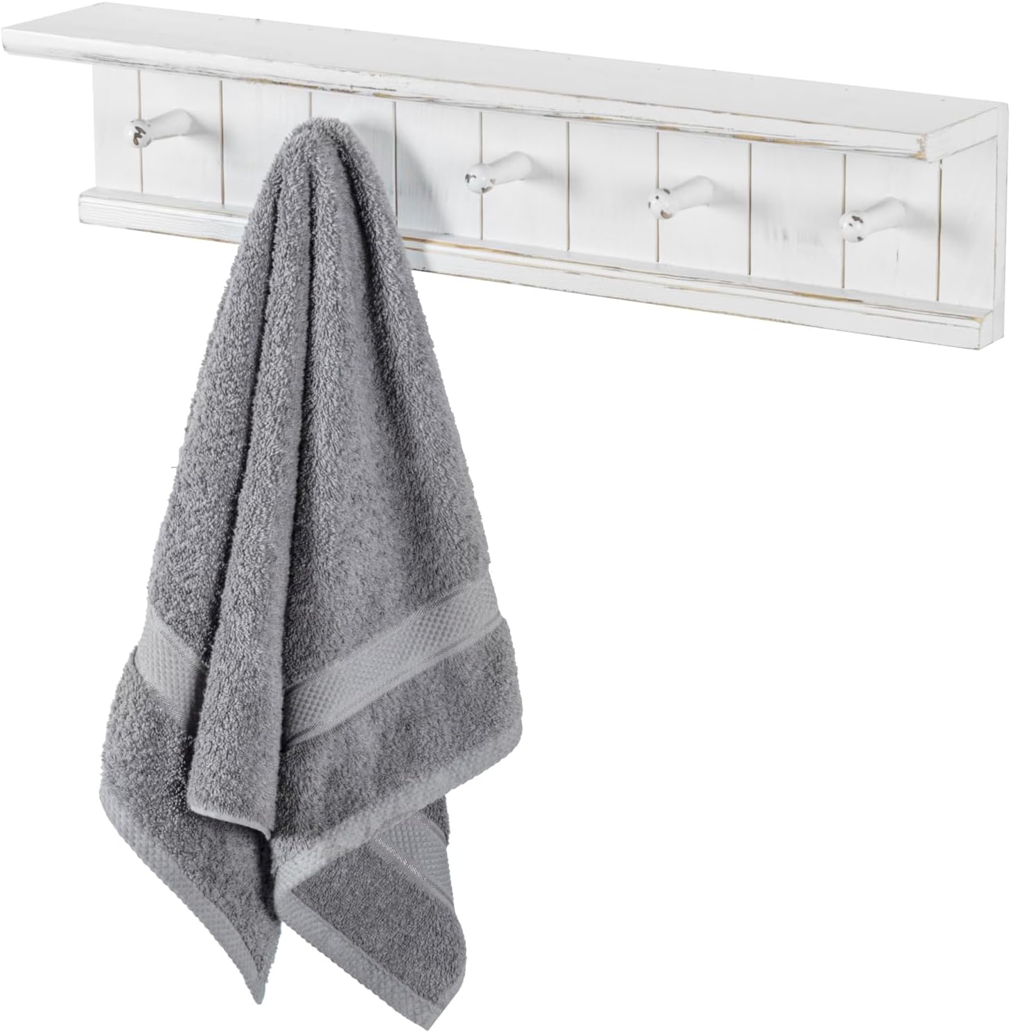 MyGift Wall Mounted 5 Hook Vintage White Wood Bathroom Shelf Towel Rack