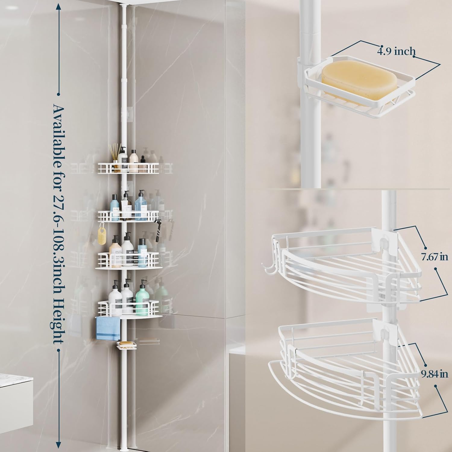 Consumest Corner Shower Caddy Tension Pole - Rustproof With Towel Bar And Soap Holder Adjustable White