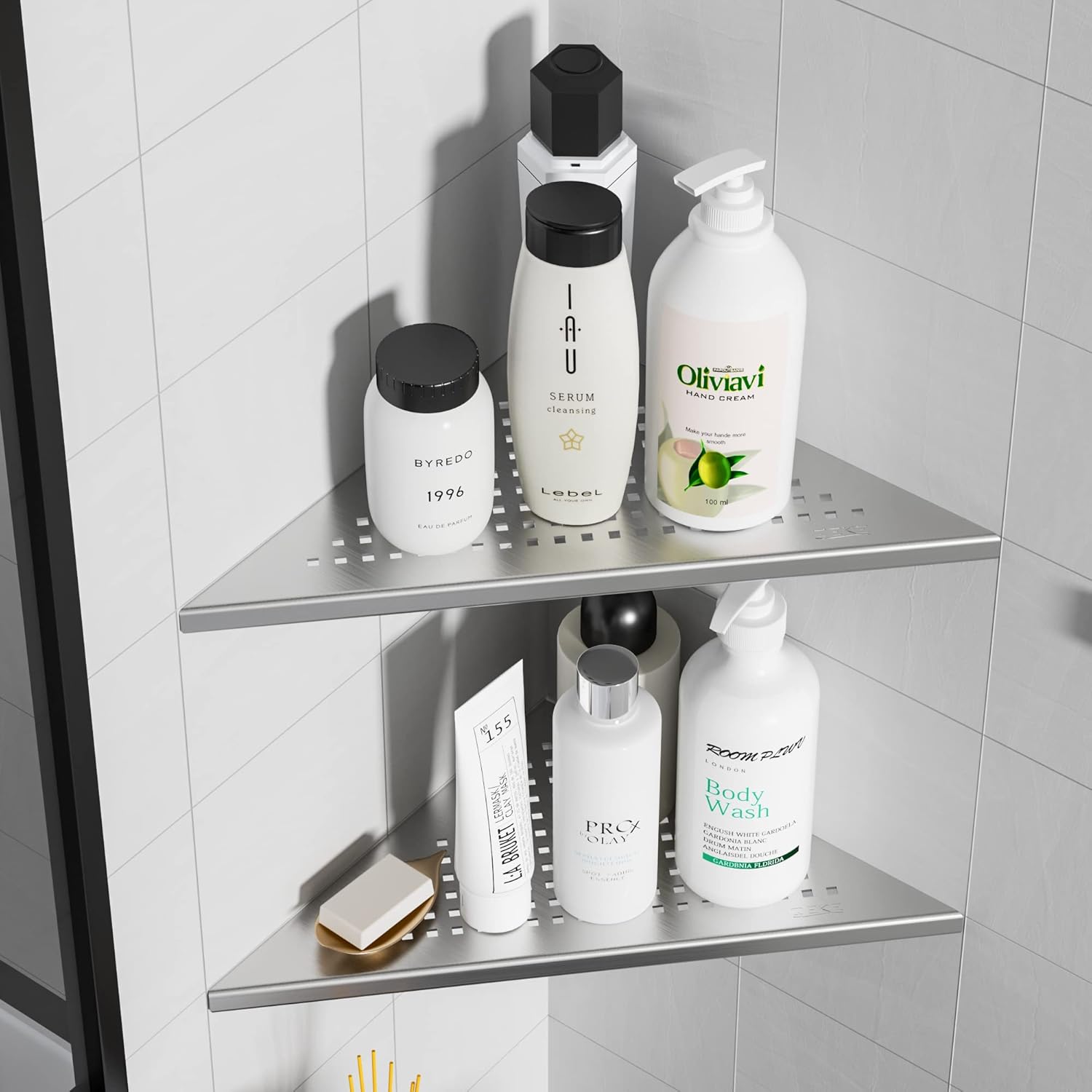 2 Pack Recessed Corner Shower Shelf Brushed Nickel SUS304 Stainless Steel No Drilling