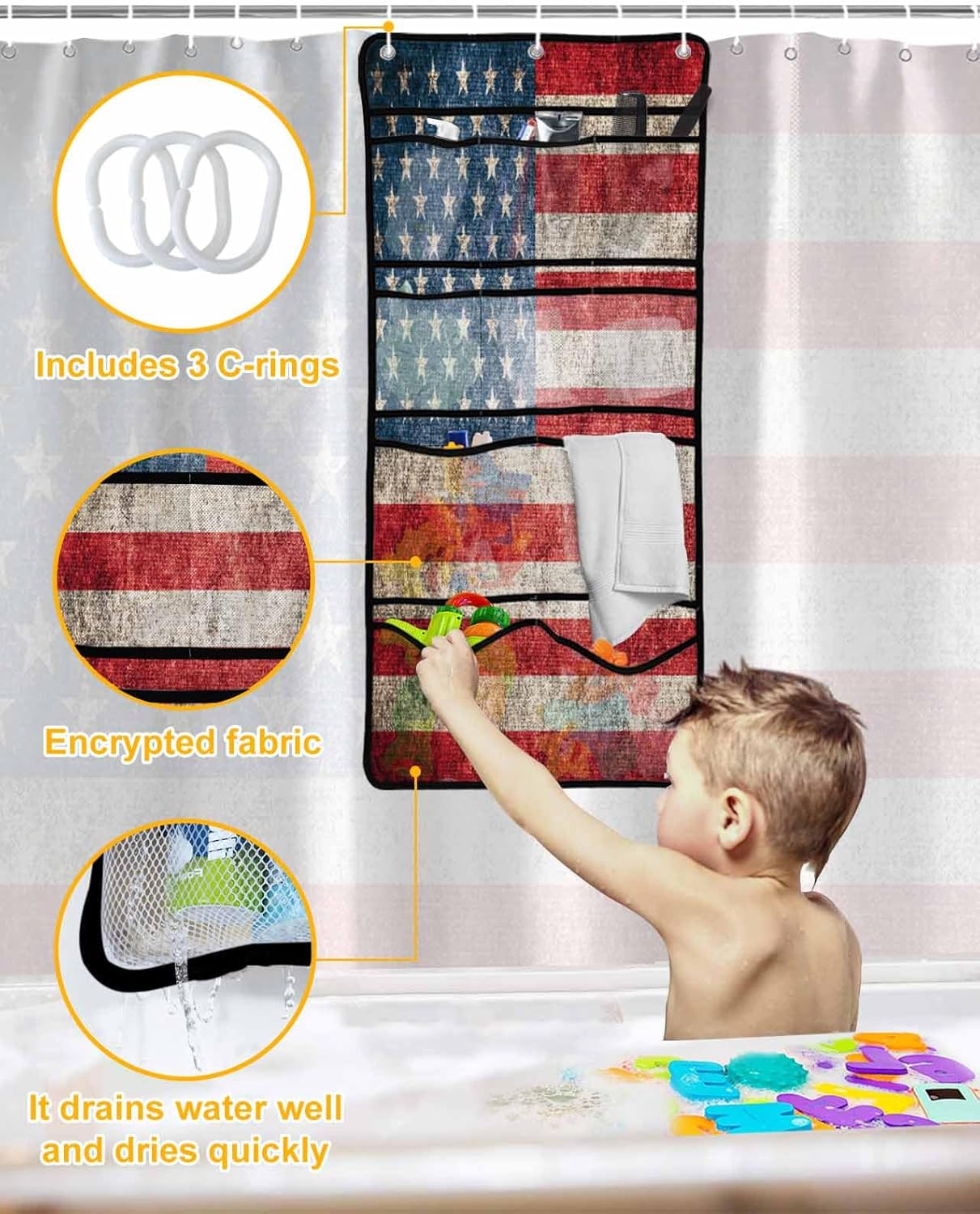 ZFUNCING Vintage Flag Shower Curtain Set with Mesh Organizer and Hooks
