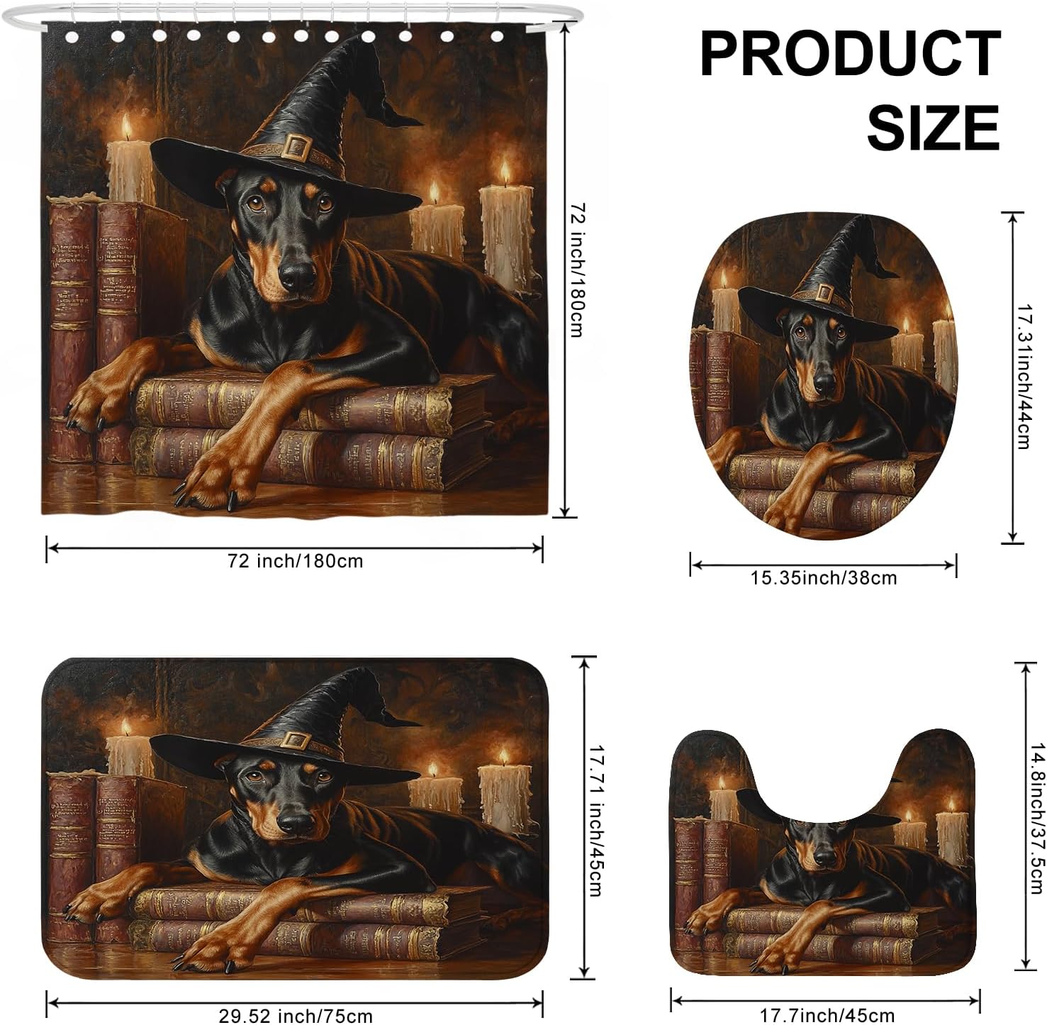 4PCS Halloween Witch Dog Bathroom Set with Non-Slip Rug and Magic Book Candle Decor