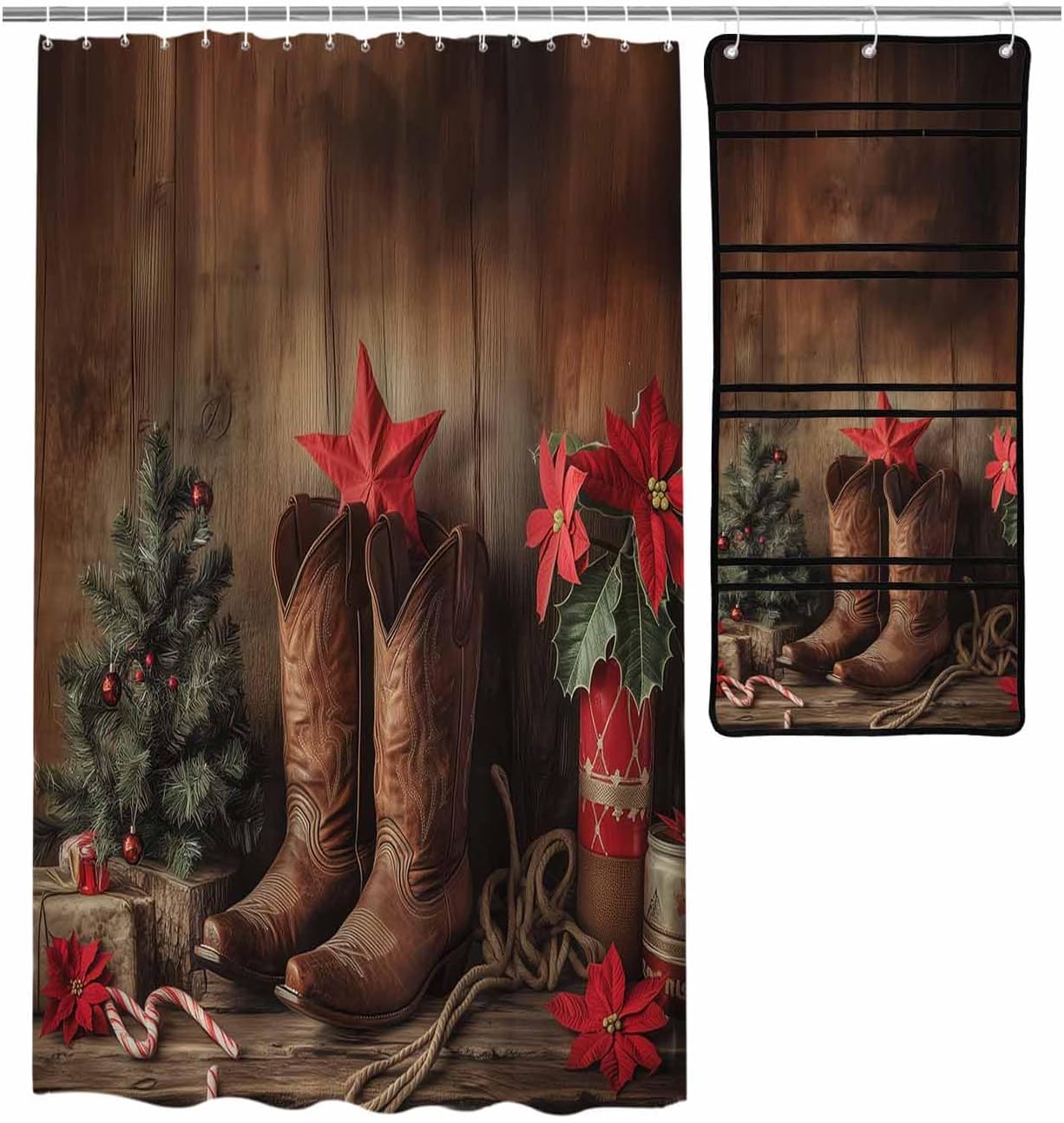 ZFUNCING Vintage Shower Curtain with Mesh Organizer and Hooks