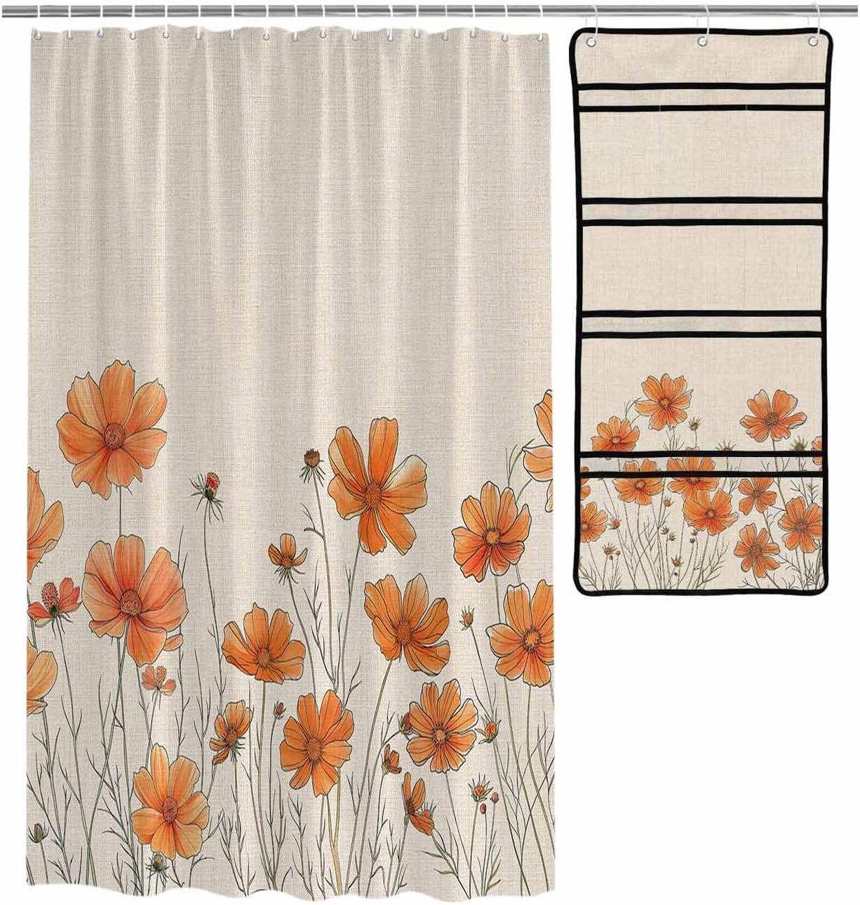 Watercolor Garden Orange Floral Shower Curtain Set with Hooks