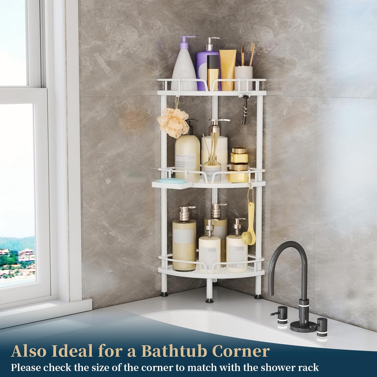 Consumest Corner Shower Caddy Stand - 3 Tier Organizer with Soap Holder and 4 Hooks