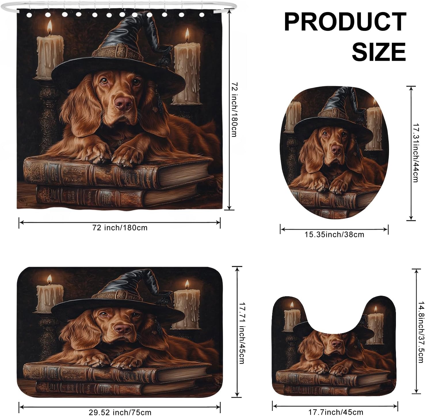 4PCS Halloween Witch Dog Bathroom Set with Non-Slip Rug and U Shape Toilet Cover