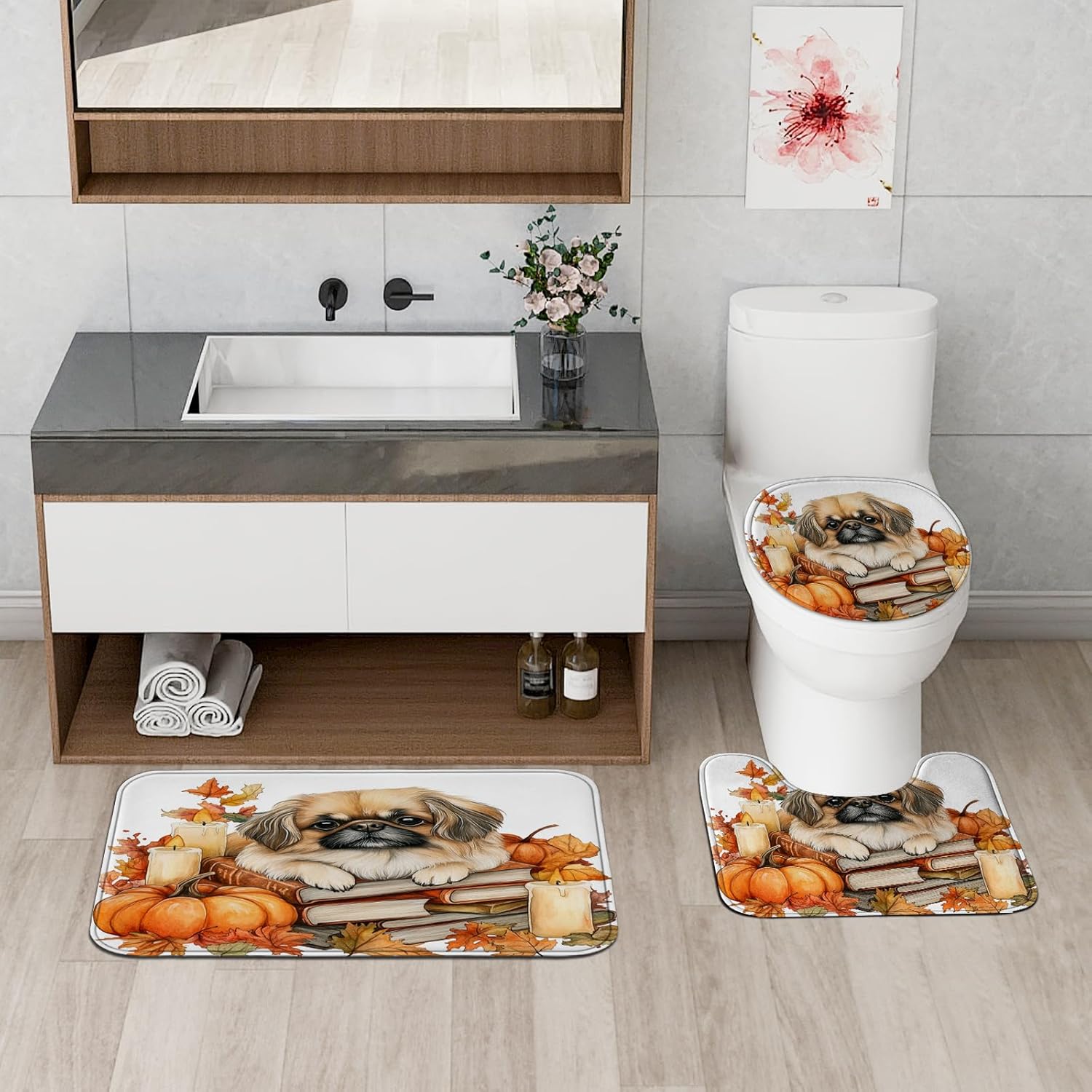 DESIHOM 4PCS Fall Pekingese Dog Shower Curtain Set with Non-Slip Rug and Toilet Lid Cover Mat